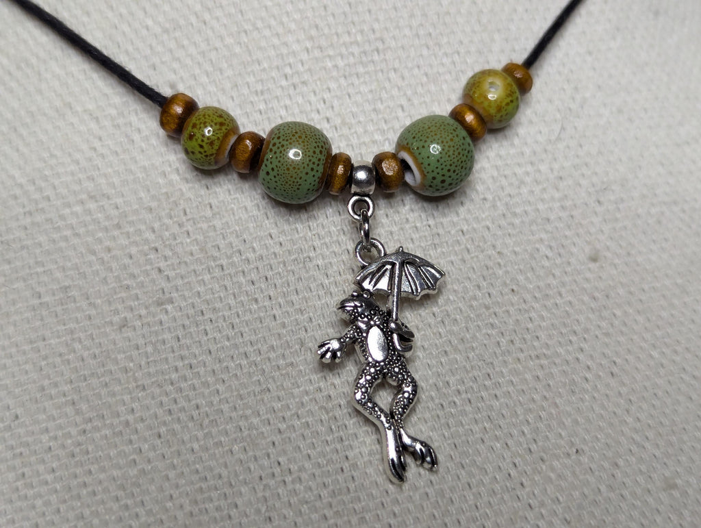 NoctemPottery Frog Umbrella Silver Charm Ceramic Beaded Pendant Necklace