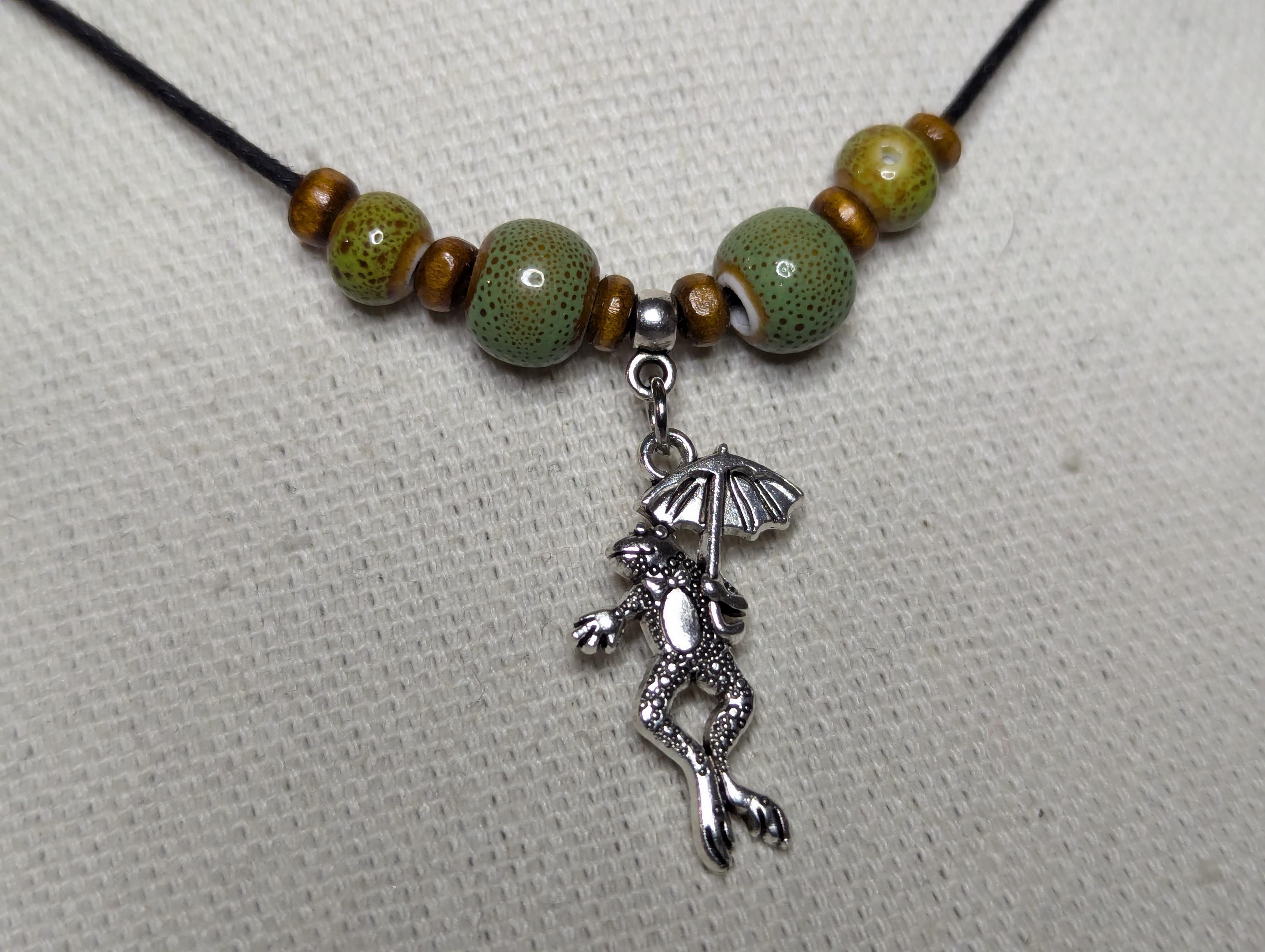 NoctemPottery Frog Umbrella Silver Charm Ceramic Beaded Pendant Necklace