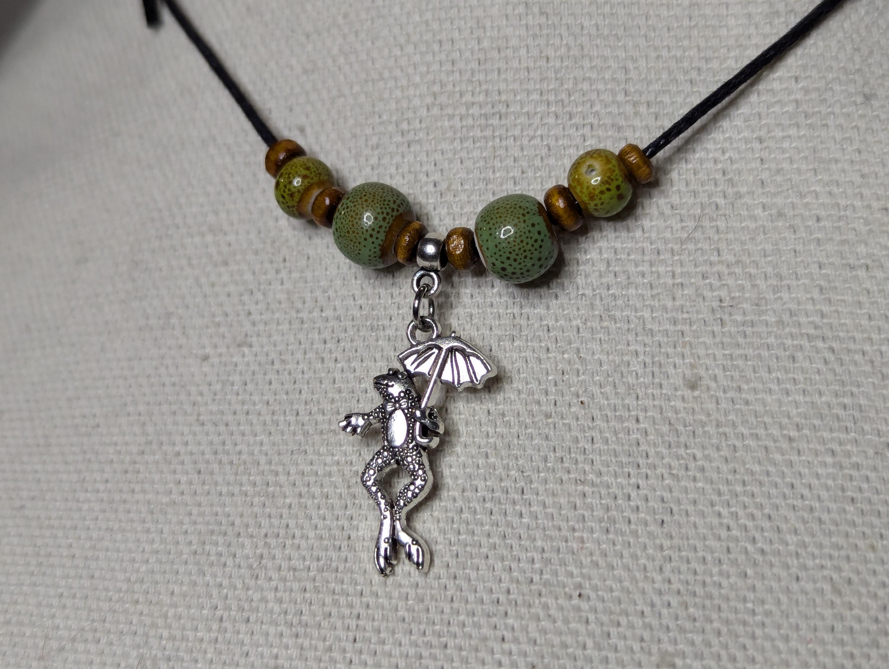 NoctemPottery Frog Umbrella Silver Charm Ceramic Beaded Pendant Necklace