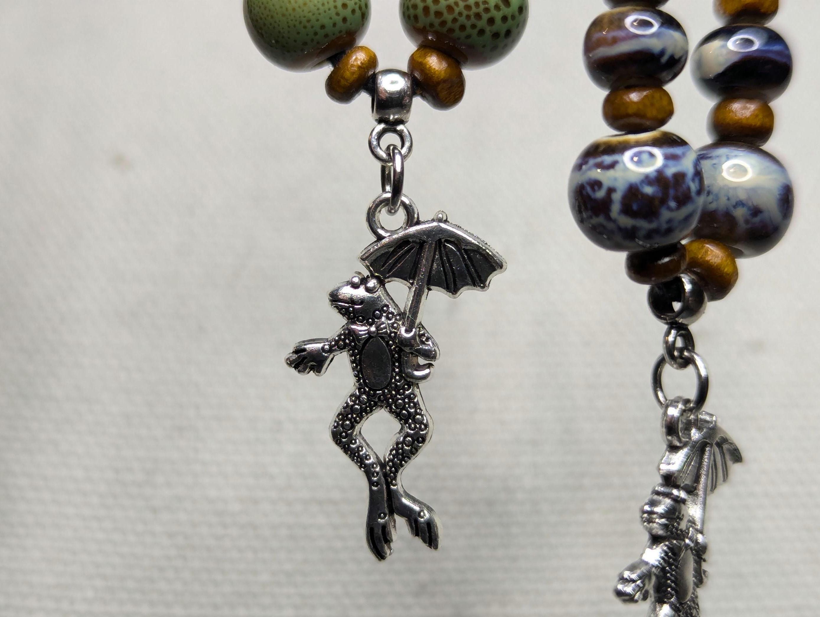 NoctemPottery Frog Umbrella Silver Charm Ceramic Beaded Pendant Necklace
