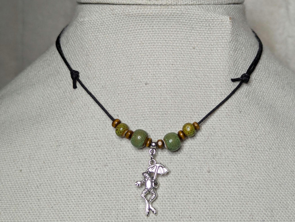 NoctemPottery Frog Umbrella Silver Charm Ceramic Beaded Pendant Necklace