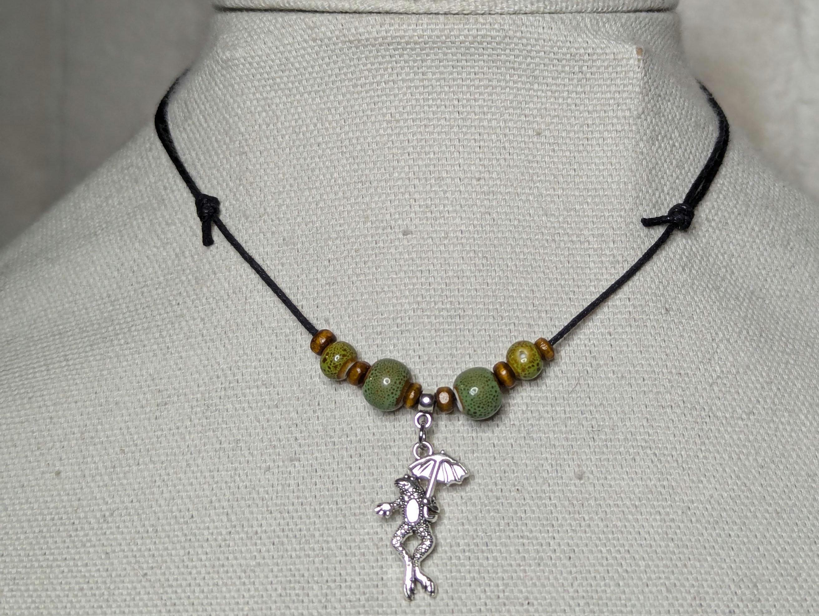 NoctemPottery Frog Umbrella Silver Charm Ceramic Beaded Pendant Necklace