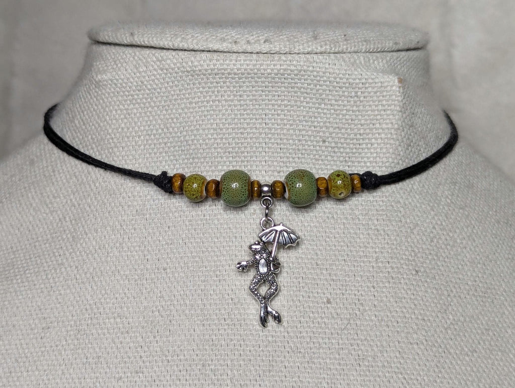 NoctemPottery Frog Umbrella Silver Charm Ceramic Beaded Pendant Necklace