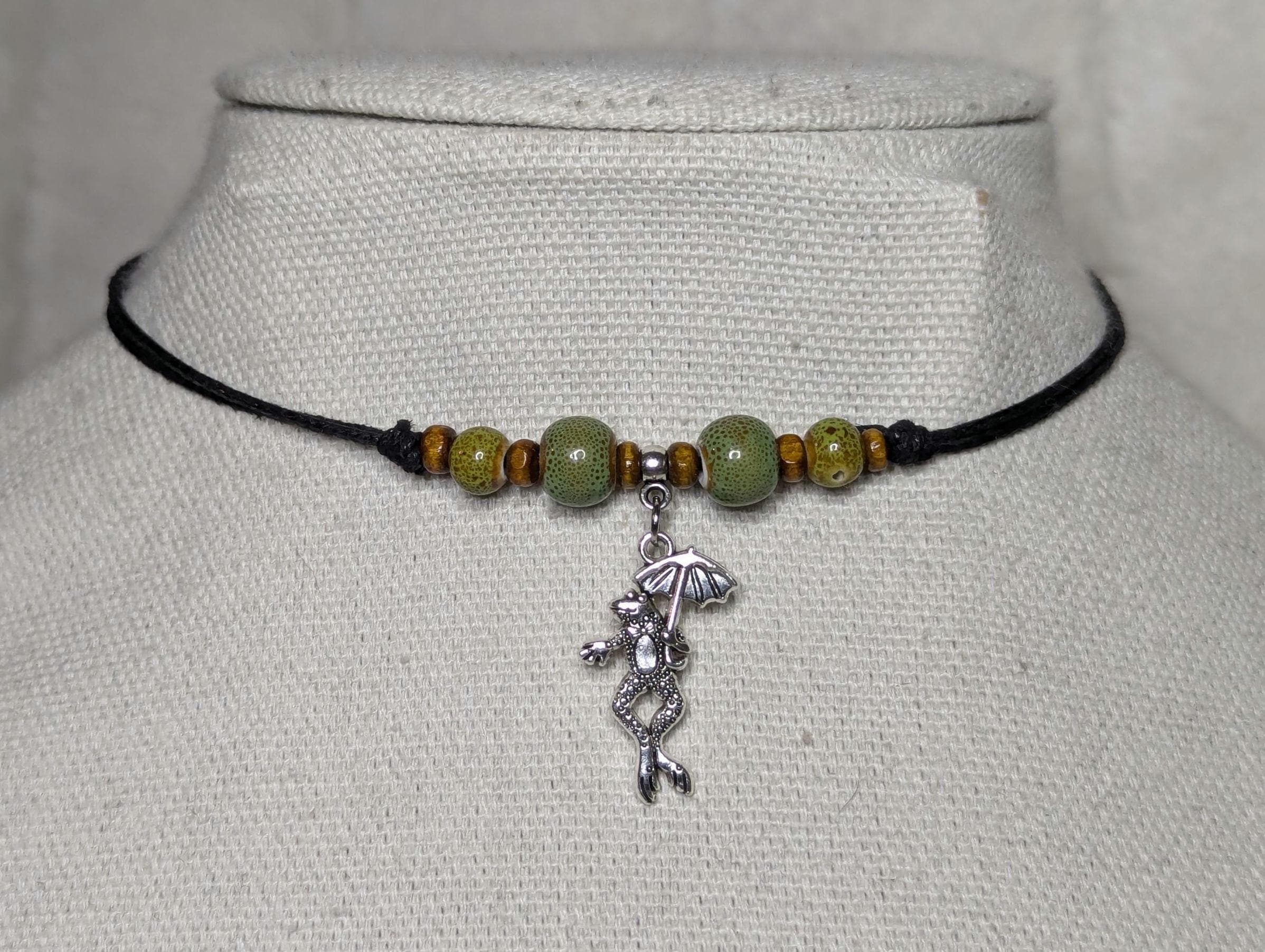 NoctemPottery Frog Umbrella Silver Charm Ceramic Beaded Pendant Necklace