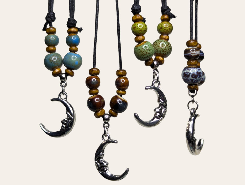 NoctemPottery Crescent Moon Face Silver Charm Ceramic Bead Pendant Necklace