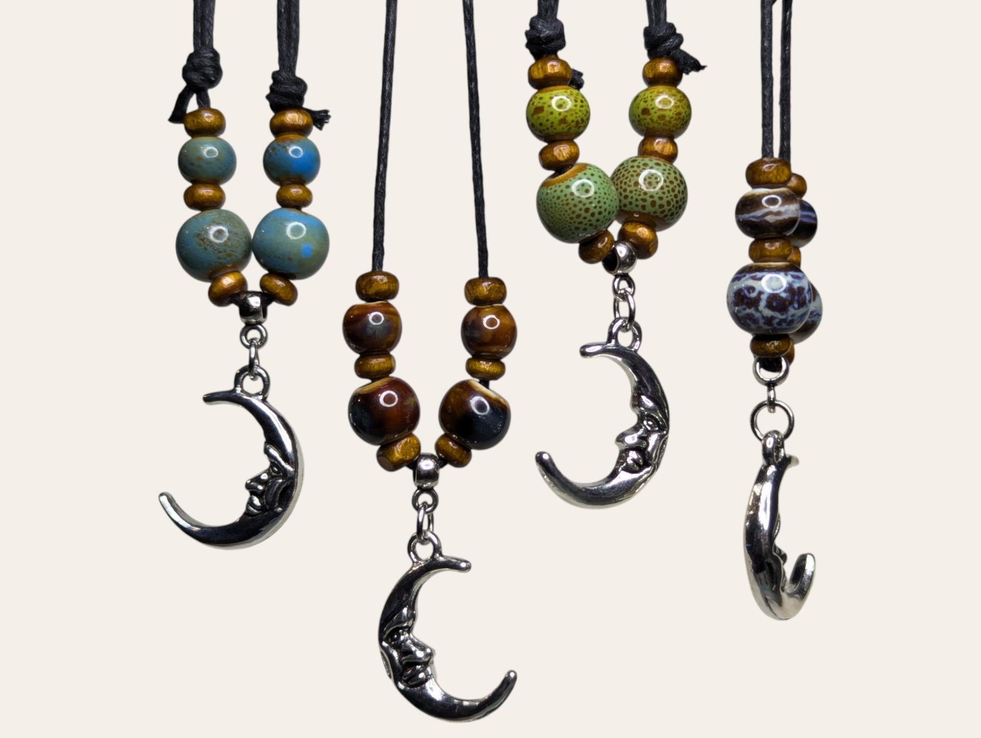 NoctemPottery Crescent Moon Face Silver Charm Ceramic Bead Pendant Necklace