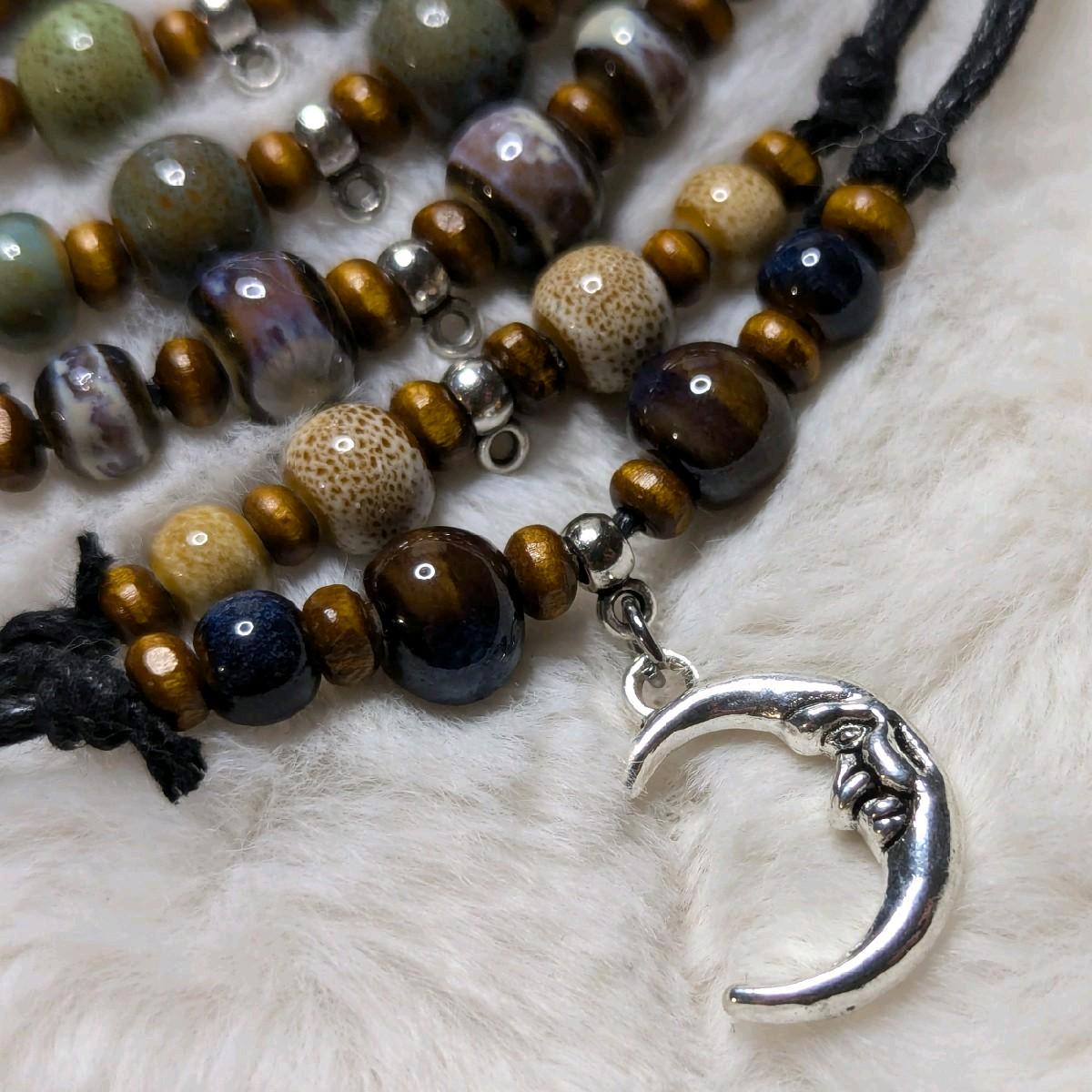 NoctemPottery Crescent Moon Face Silver Charm Ceramic Bead Pendant Necklace