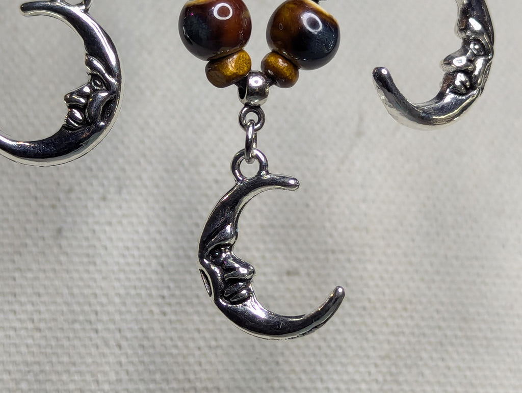 NoctemPottery Crescent Moon Face Silver Charm Ceramic Bead Pendant Necklace