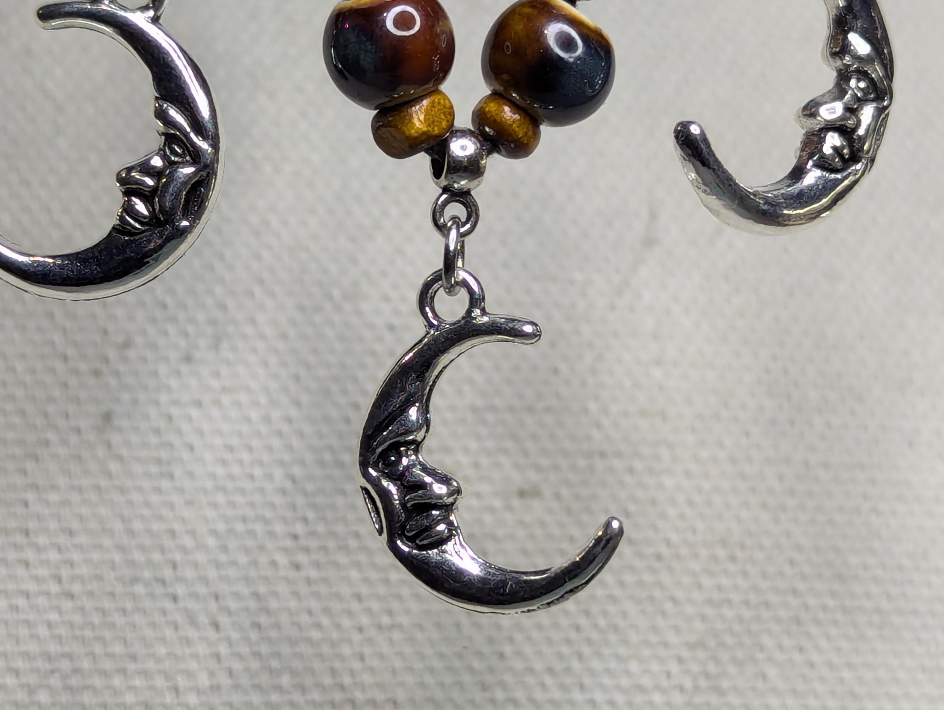 NoctemPottery Crescent Moon Face Silver Charm Ceramic Bead Pendant Necklace
