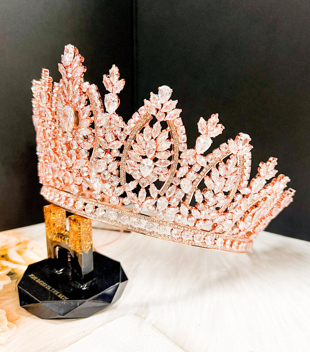 HappyJewelryWorld Zirconia Rose Gold Tiara Crystal Wedding Crown Prom Headpiece