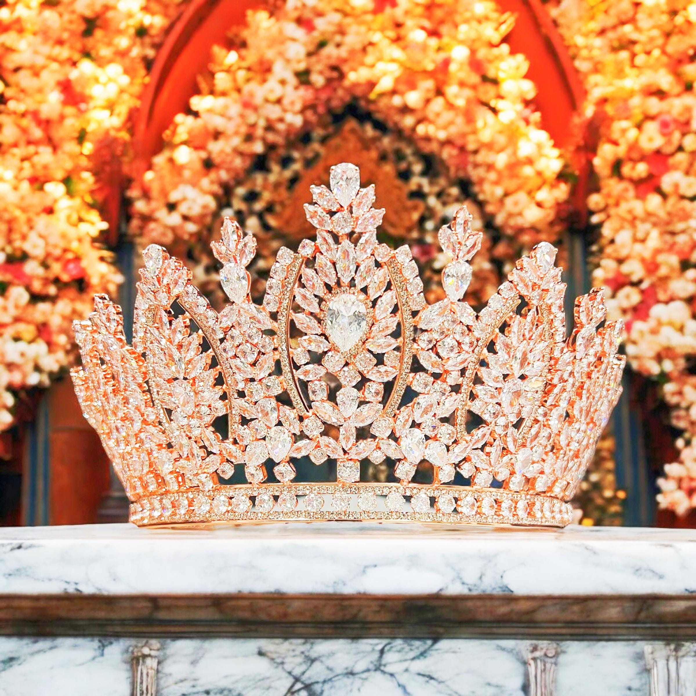 HappyJewelryWorld Zirconia Rose Gold Tiara Crystal Wedding Crown Prom Headpiece