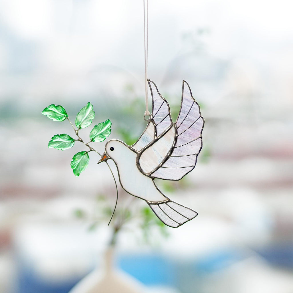 RainLine Handcrafted White Dove Stained Glass Suncatcher with Olive Branch
