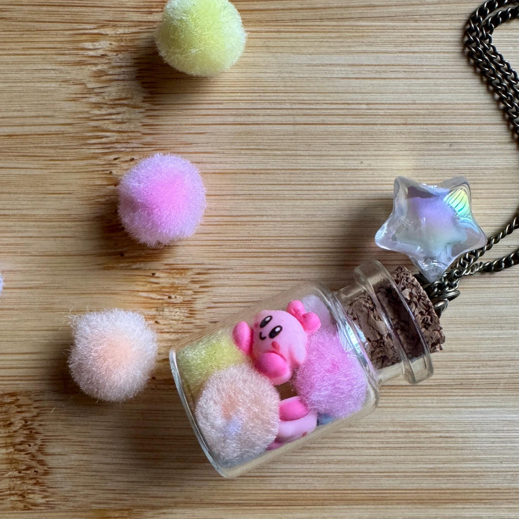 VanillaStarCafe Cotton Candy Kirby in a Jar Charm with 30in Chain