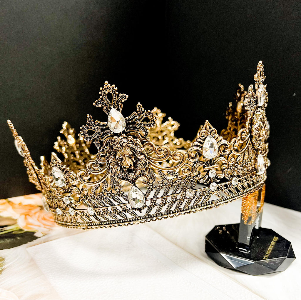 HappyJewelryWorld Vintage Lion King Crown Prince Wedding Headpiece Clear Crystal