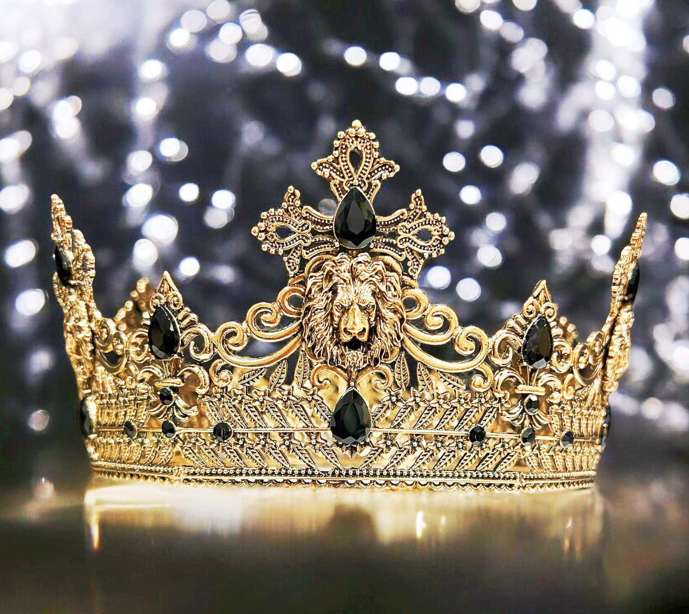 HappyJewelryWorld Gold Black Crystal Crown 23.5in XL