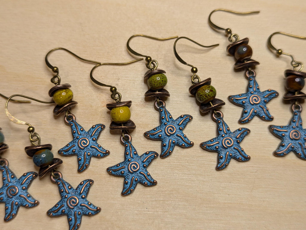 NoctemPottery Starfish Spiral Pendant Dangle Earrings Blue Patina Ceramic