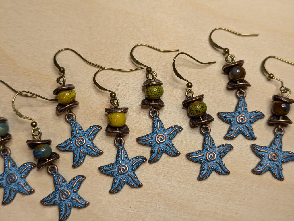 NoctemPottery Starfish Spiral Pendant Dangle Earrings Blue Patina Ceramic