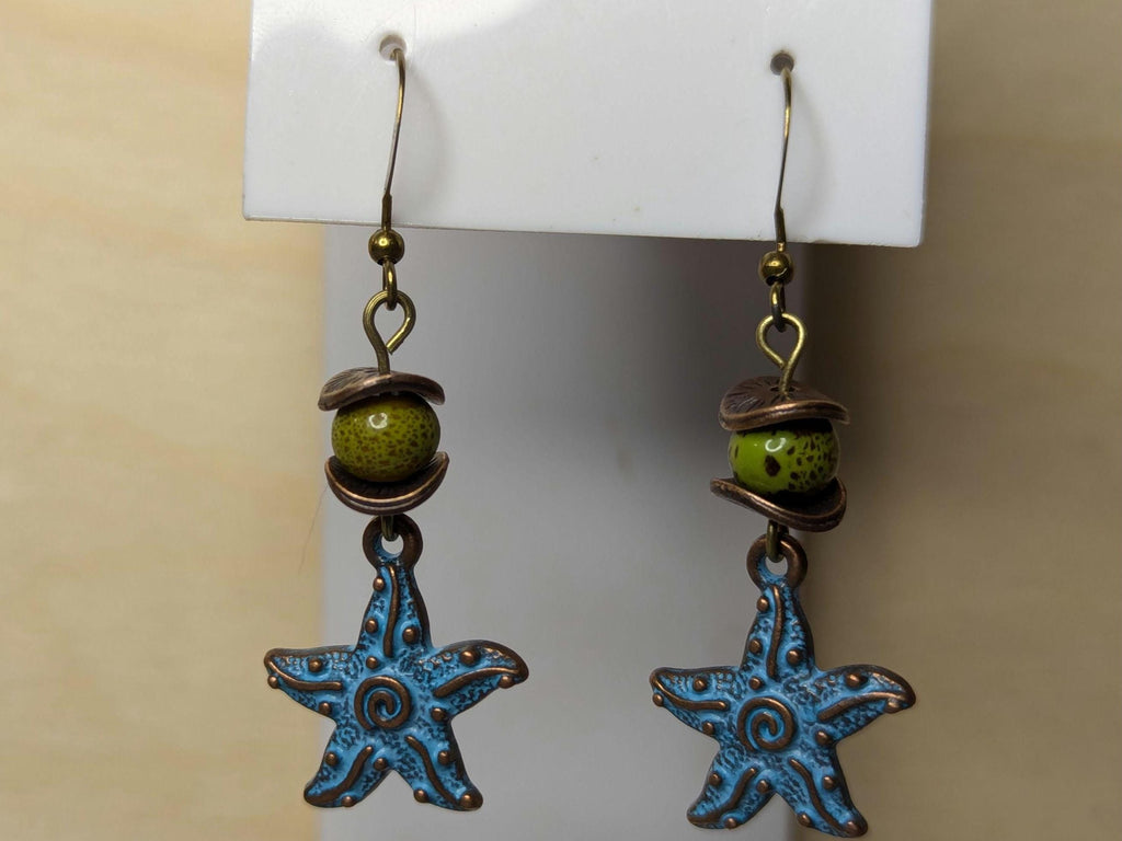 NoctemPottery Starfish Spiral Pendant Dangle Earrings Blue Patina Ceramic