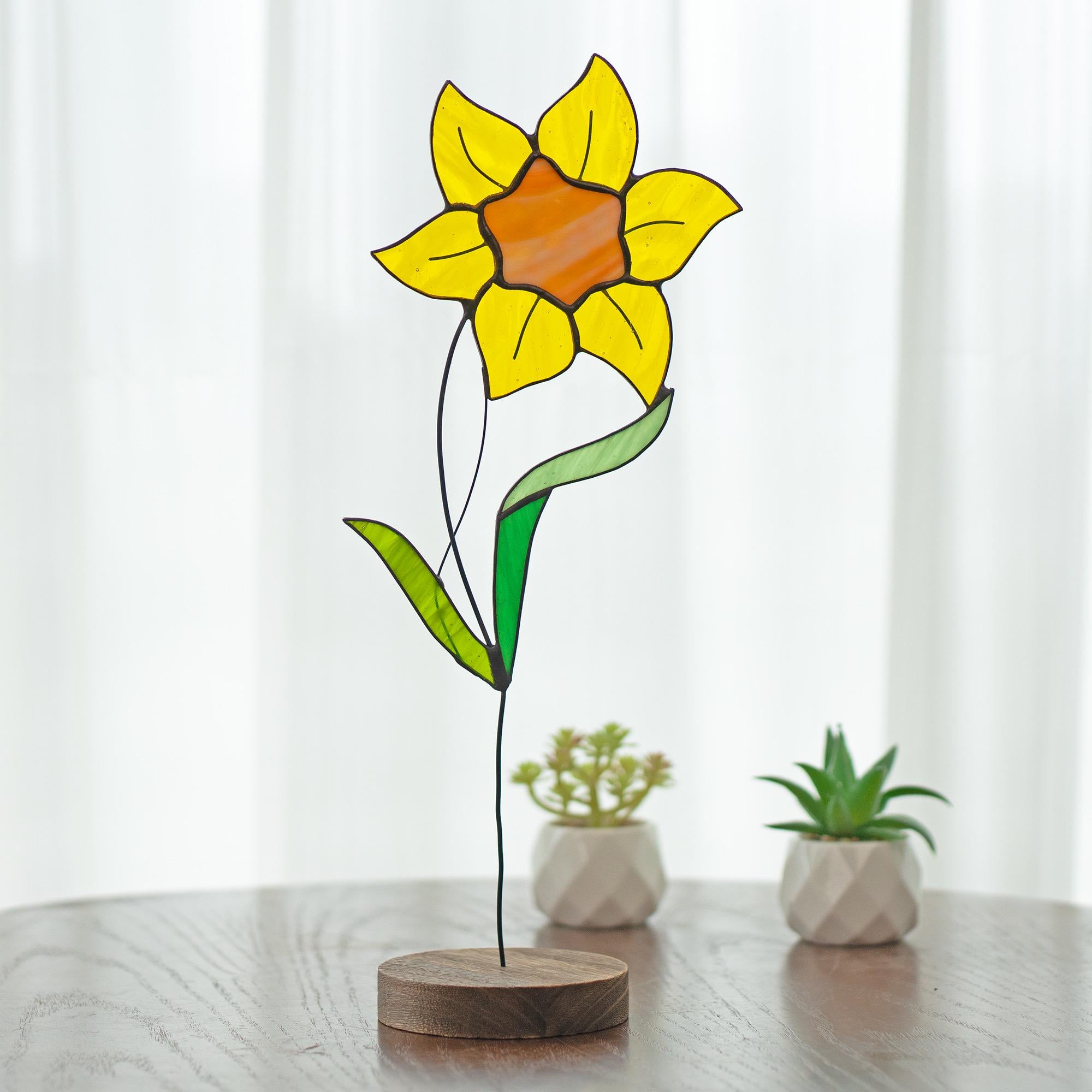 RainLine Daffodil Stained Glass Plant Stake Suncatcher With Wooden Base
