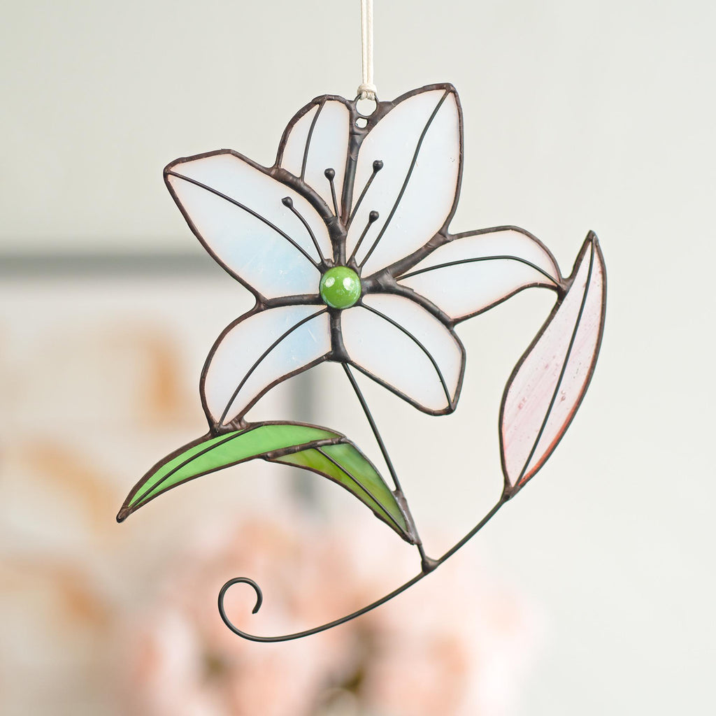 RainLine Handcrafted Stained Glass Lily Suncatcher 5.91in White