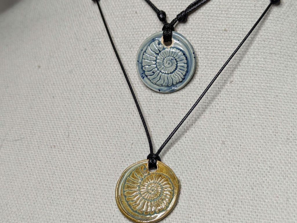 NoctemPottery Handmade Ceramic Ammonite Pendant Faux Wax Seal Necklace Black Cord
