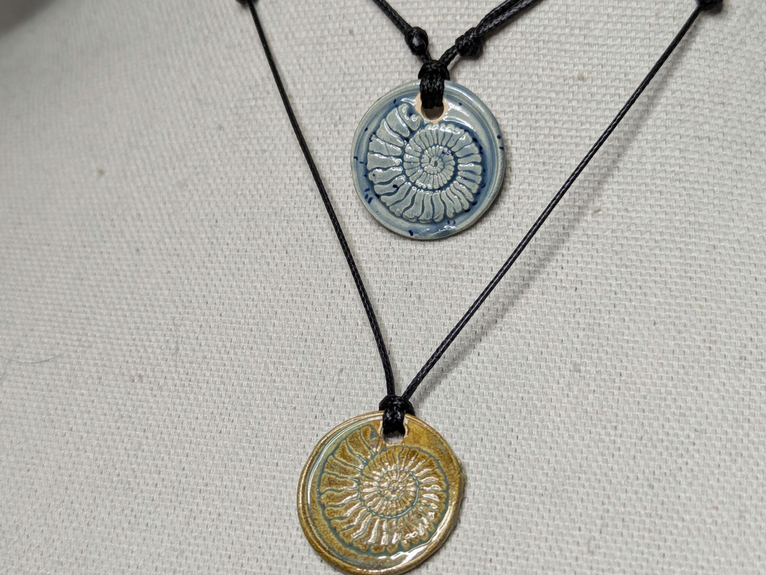 NoctemPottery Handmade Ceramic Ammonite Pendant Faux Wax Seal Necklace Black Cord