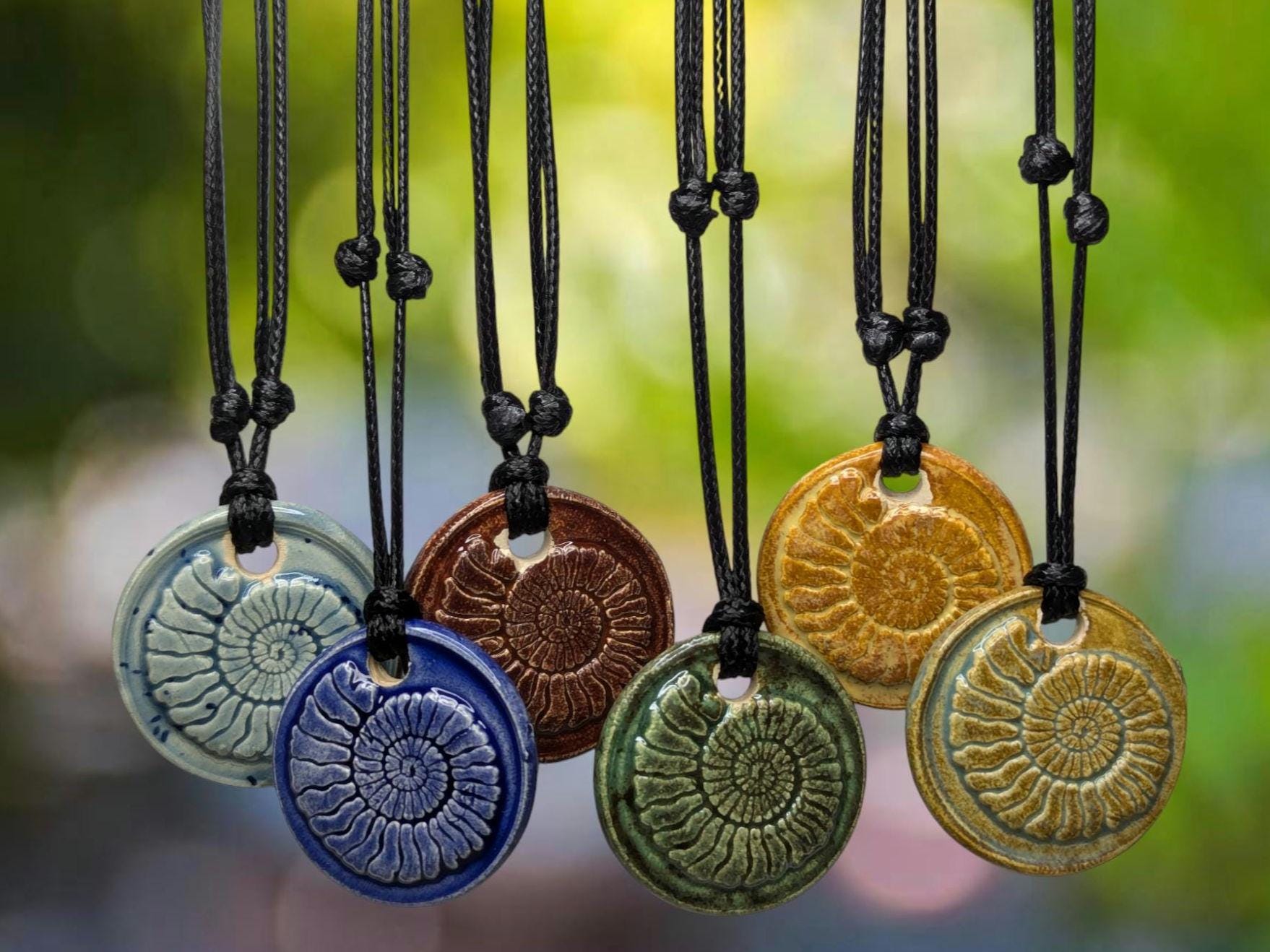 NoctemPottery Handmade Ceramic Ammonite Pendant Faux Wax Seal Necklace Black Cord