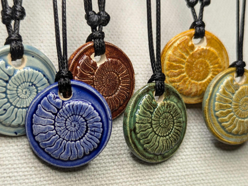 NoctemPottery Handmade Ceramic Ammonite Pendant Faux Wax Seal Necklace Black Cord
