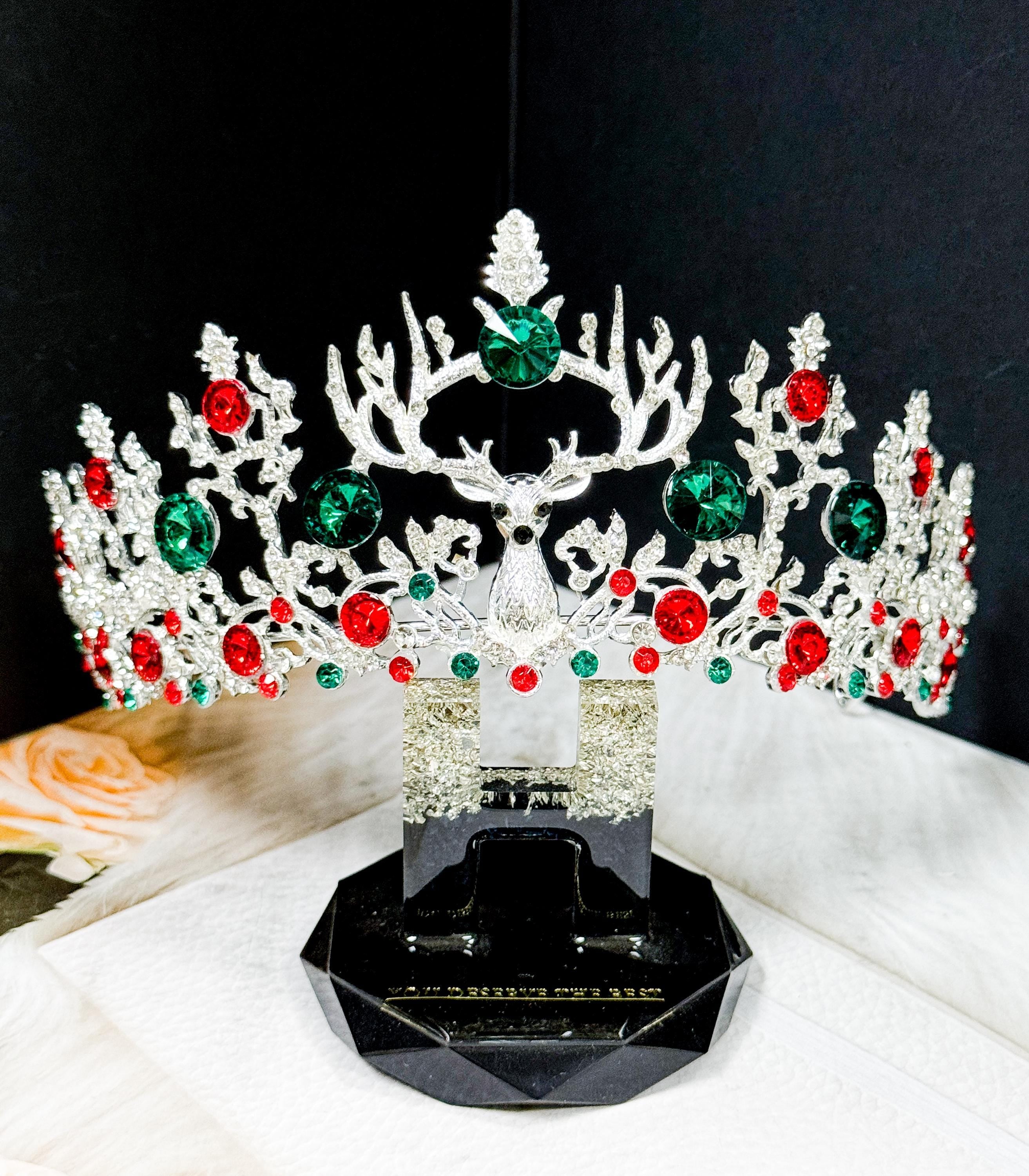 HappyJewelryWorld Christmas Reindeer Crystal Tiara Jeweled Holiday Crown