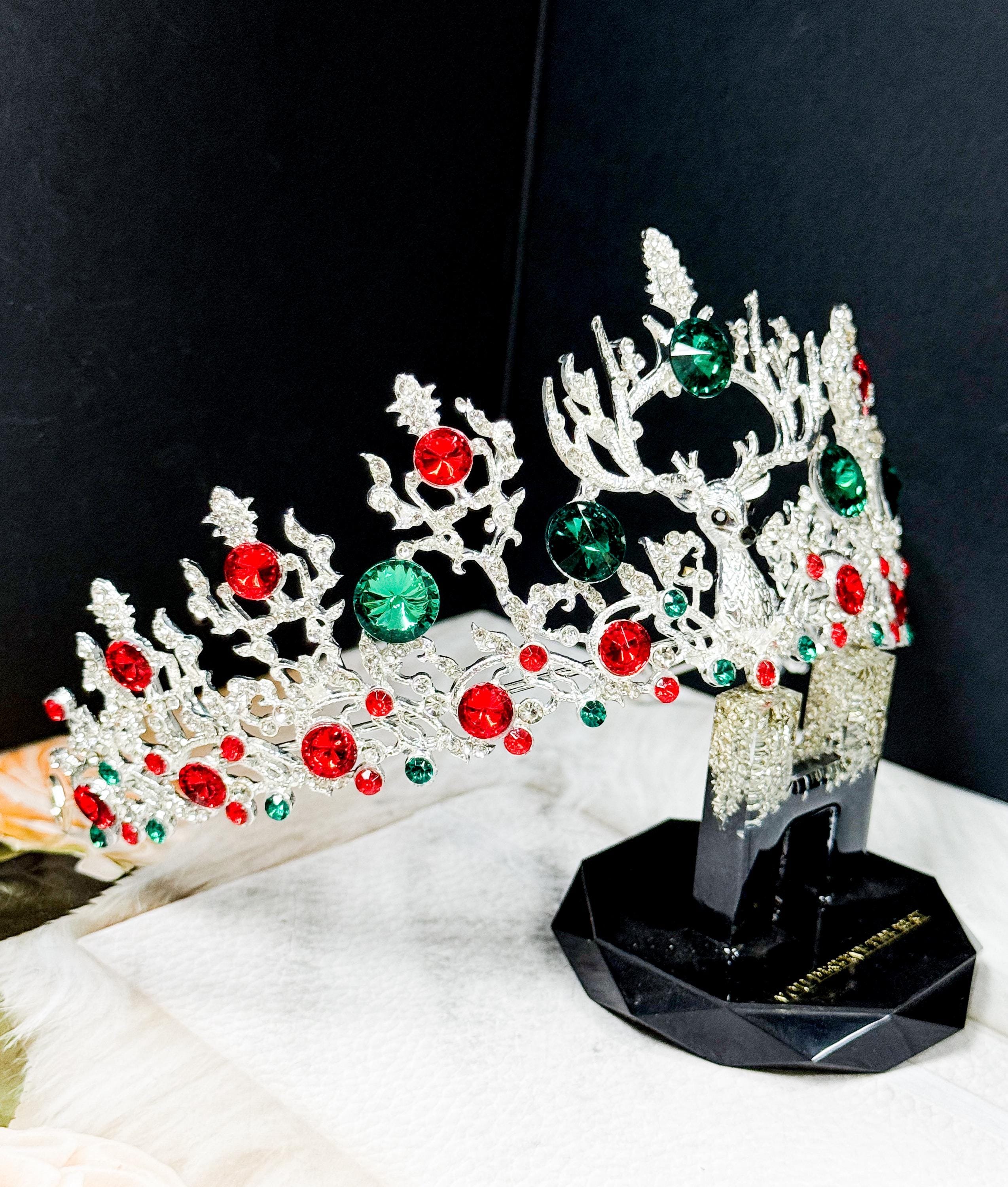 HappyJewelryWorld Christmas Reindeer Crystal Tiara Jeweled Holiday Crown
