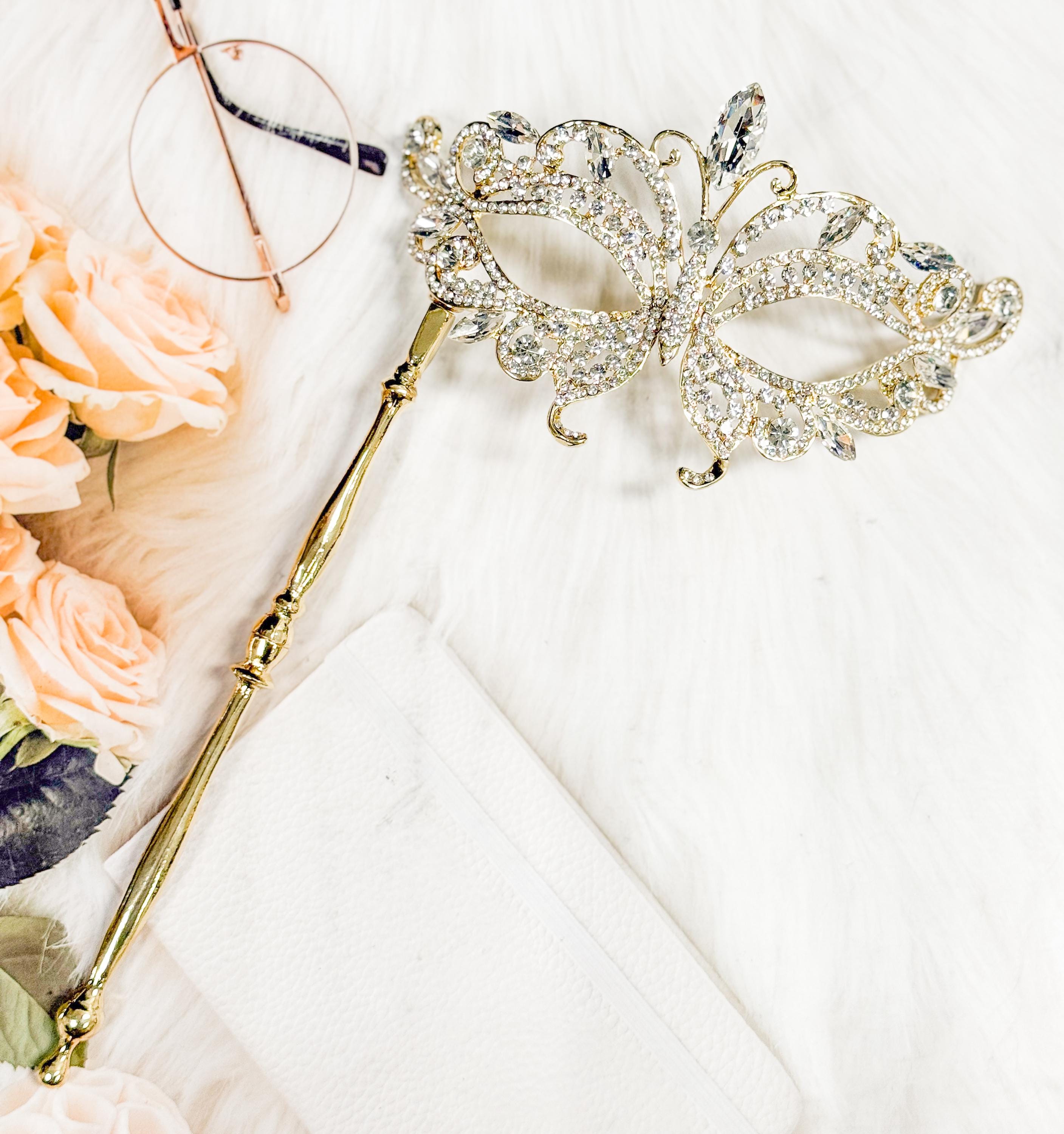 HappyJewelryWorld Crystal Masquerade Mask with Gold Stick Butterfly Design