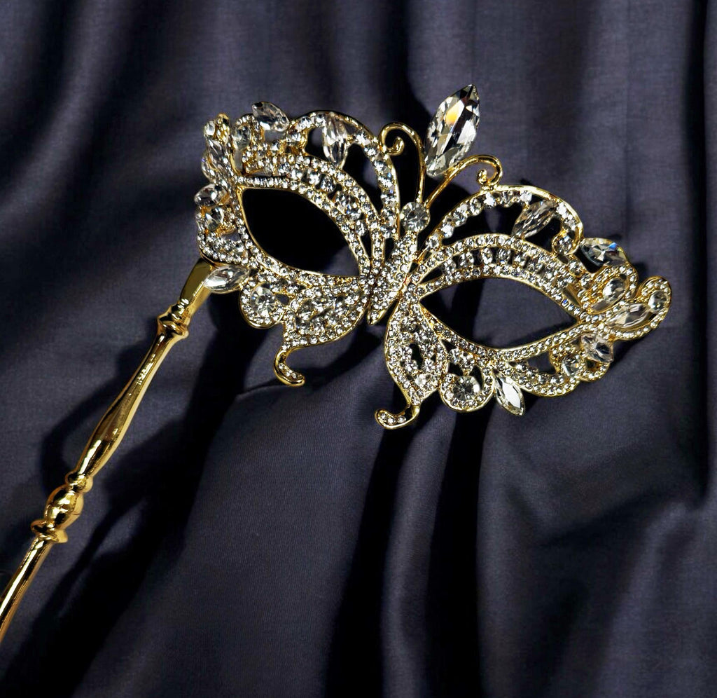 HappyJewelryWorld Crystal Butterfly Masquerade Mask With Gold Stick