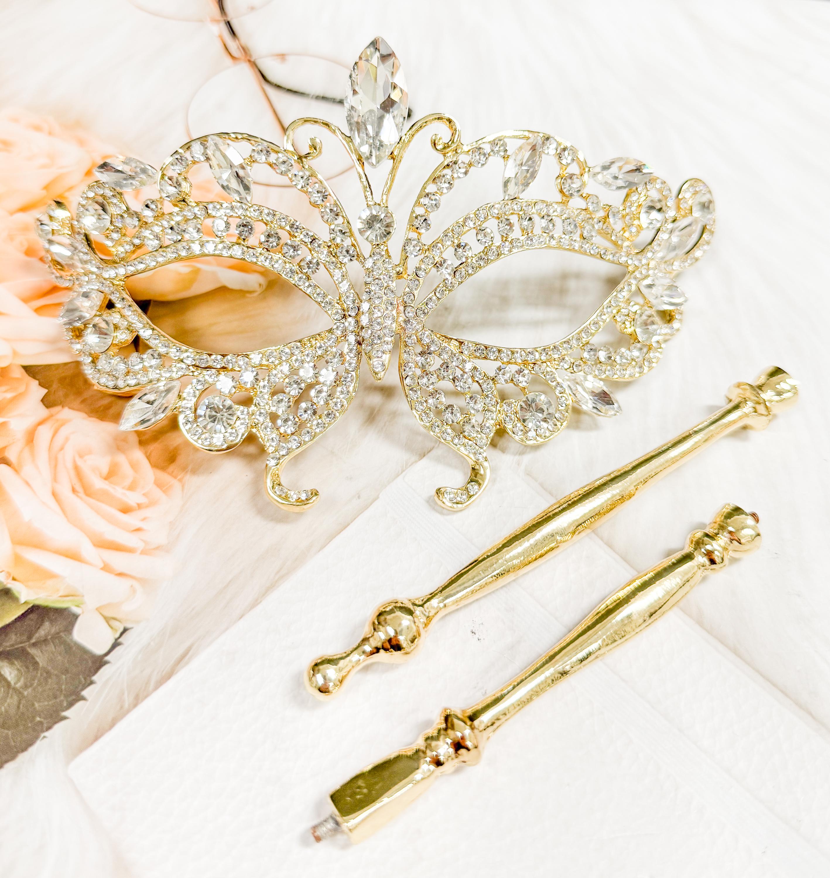 HappyJewelryWorld Crystal Butterfly Masquerade Mask With Gold Stick