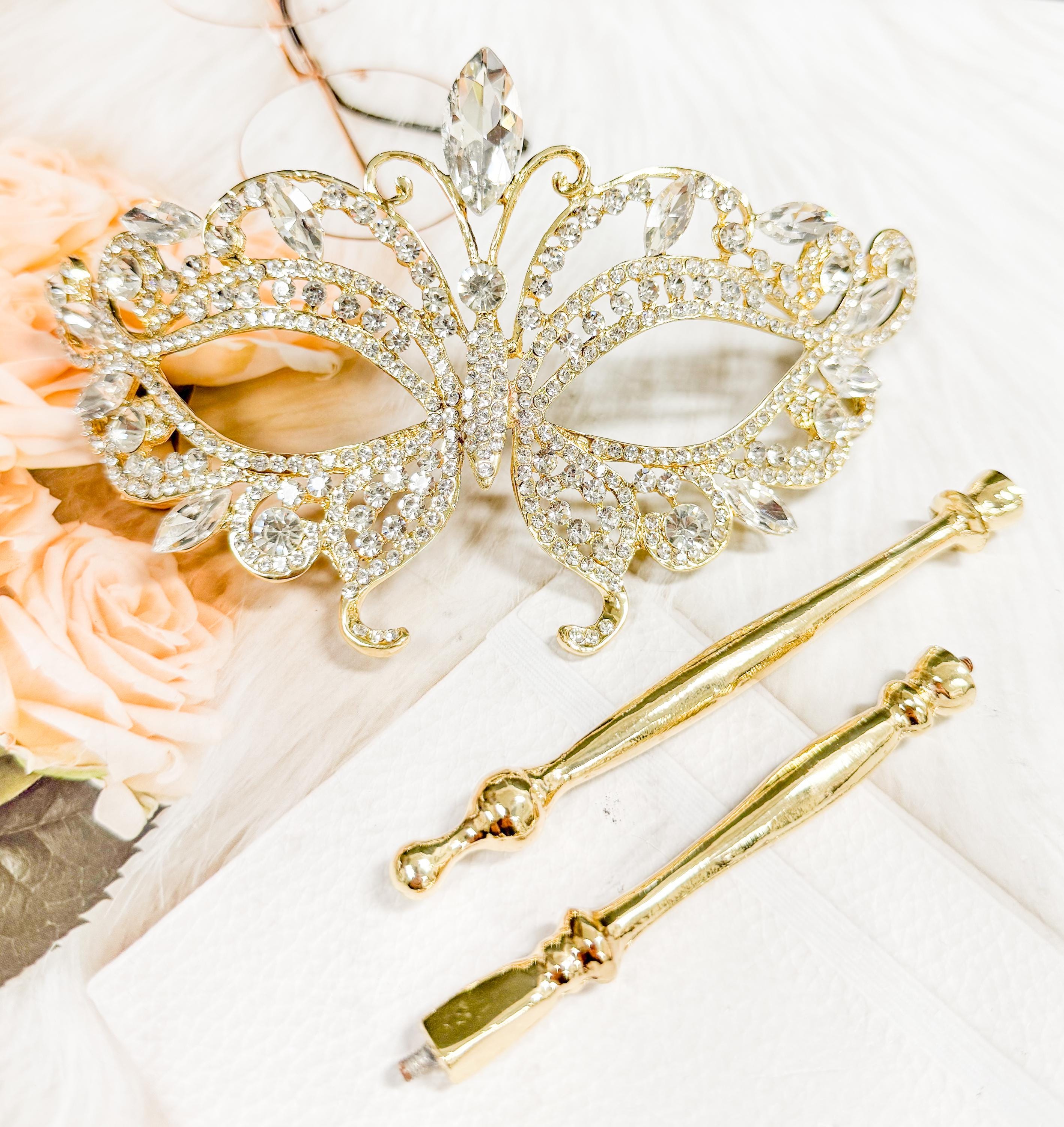 HappyJewelryWorld Crystal Masquerade Mask with Gold Stick Rhinestone