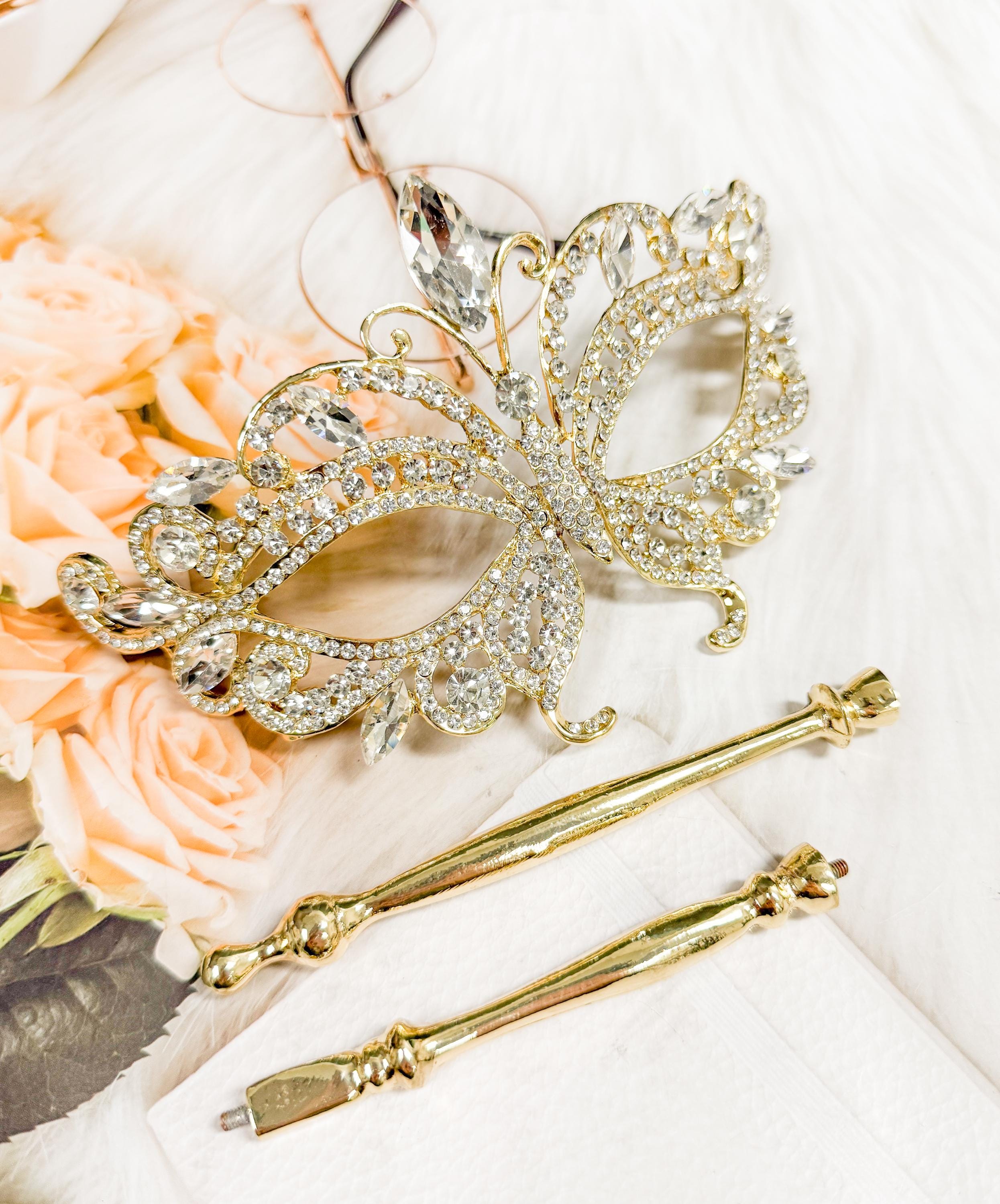 HappyJewelryWorld Crystal Masquerade Mask with Gold Stick Rhinestone