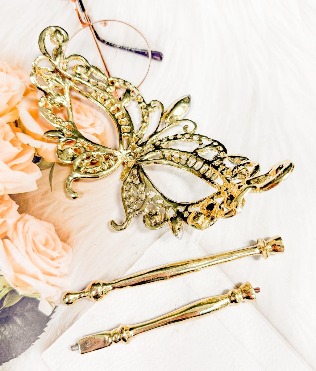 HappyJewelryWorld Crystal Butterfly Masquerade Mask With Gold Stick