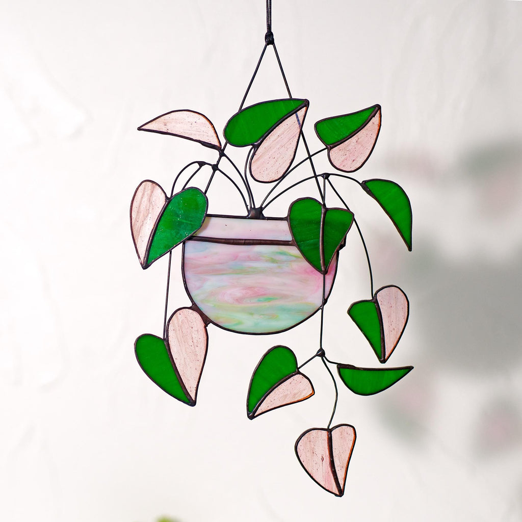 RainLine Heart Pink Philodendron Stained Glass Suncatcher 7in x 10in