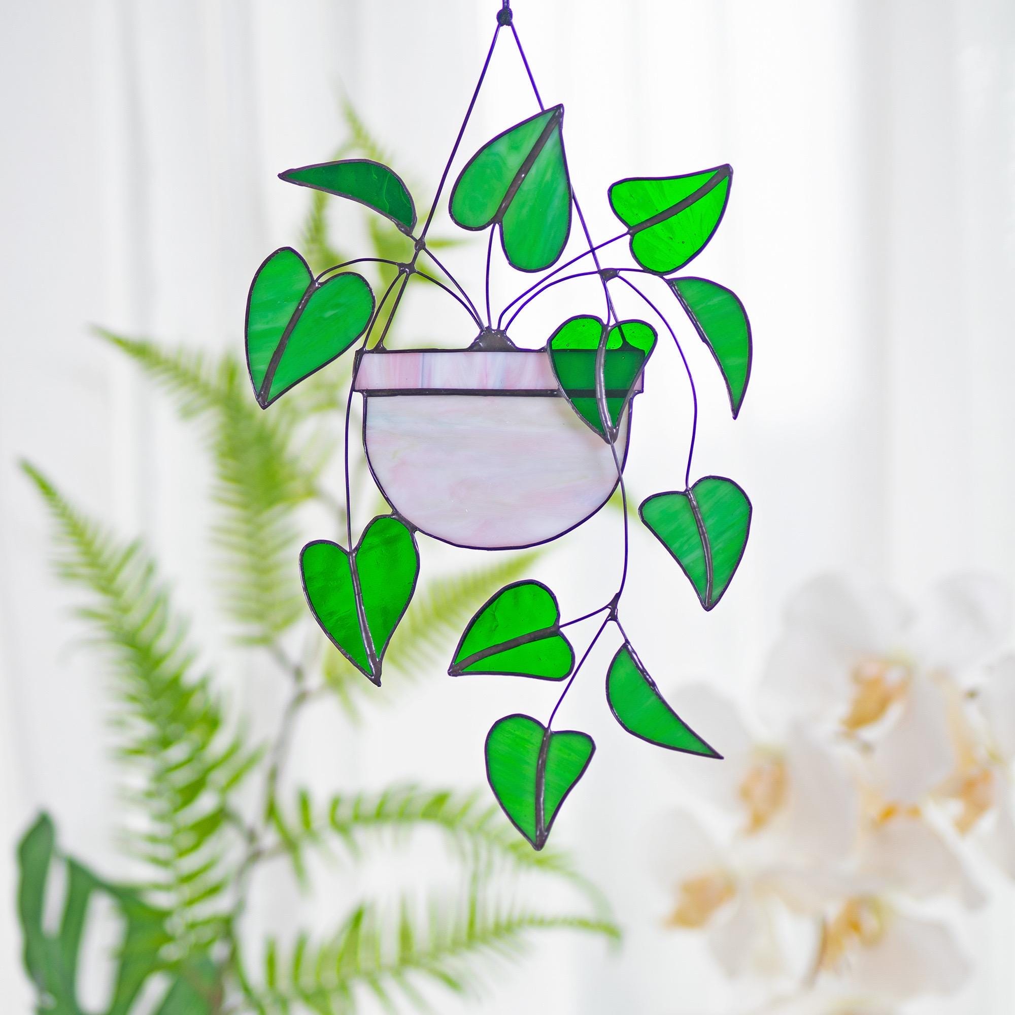RainLine Heart Pink Philodendron Stained Glass Suncatcher 7in x 10in