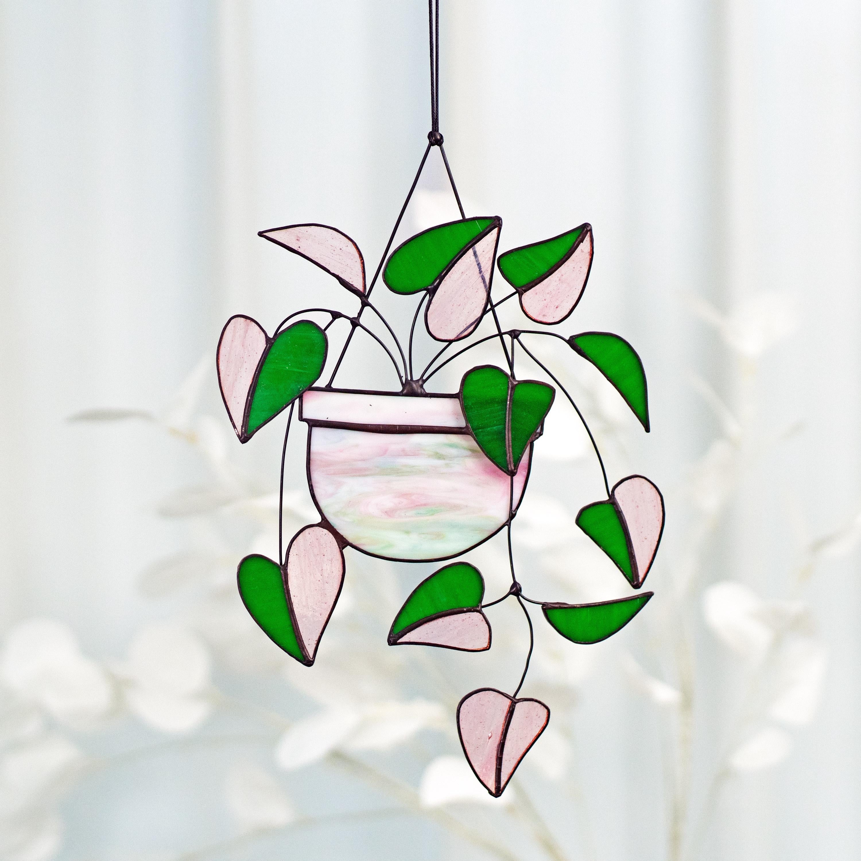 RainLine Heart Pink Philodendron Stained Glass Suncatcher 7in x 10in