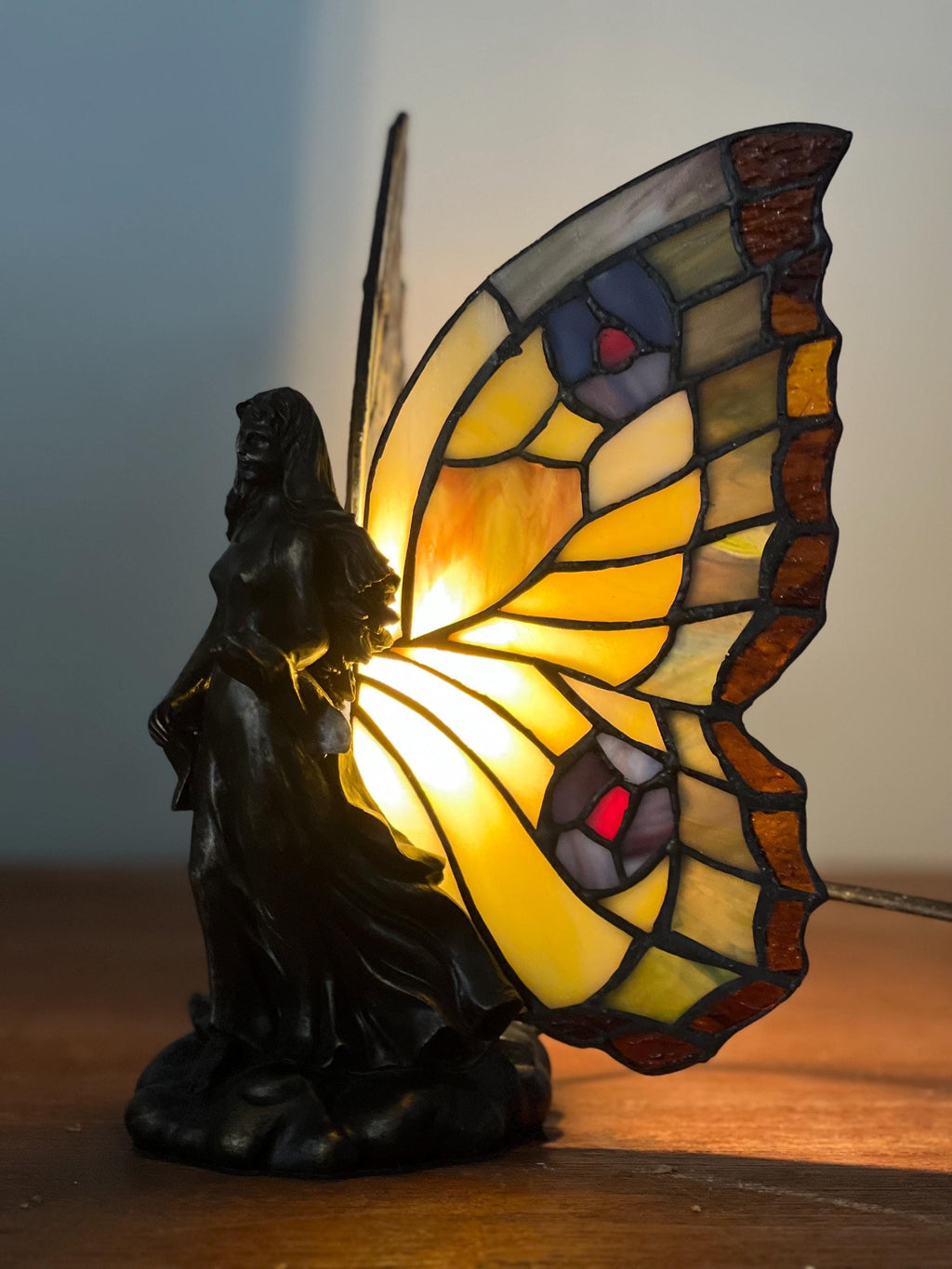U2Antique Fairy Girl Butterfly Tiffany Table Lamp 8.5in Handmade Stained Glass
