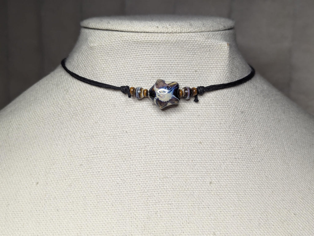 NoctemPottery Ceramic Star Bead Pendant Necklace Adjustable Black Cord Choker