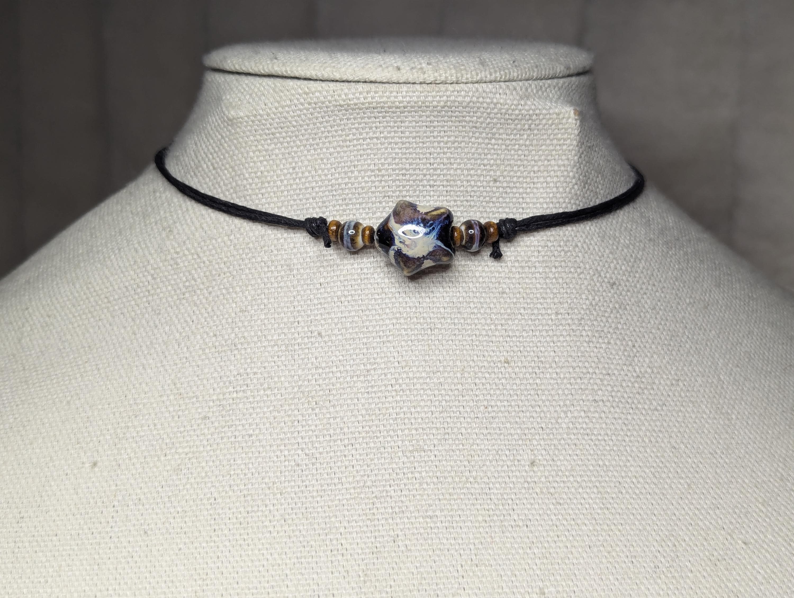 NoctemPottery Ceramic Star Bead Pendant Necklace Adjustable Black Cord Choker