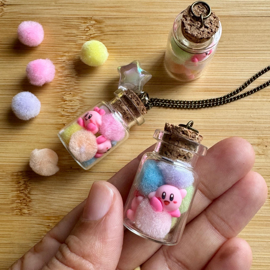 VanillaStarCafe Cotton Candy Kirby in a Jar Charm with 30in Chain