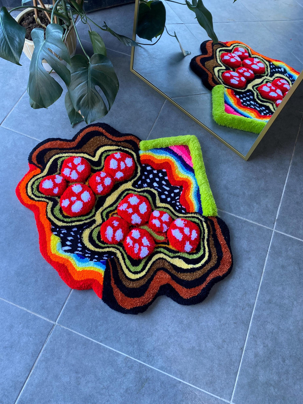 OrnnWorks 3D Mushroom & Rainbow Garden Fluffy Handmade Tufted Rug 35x29in