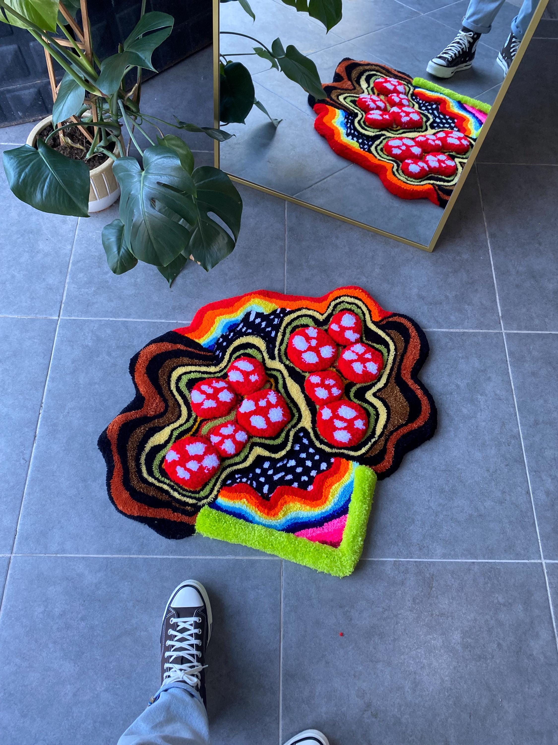 OrnnWorks 3D Mushroom & Rainbow Garden Fluffy Handmade Tufted Rug 35x29in