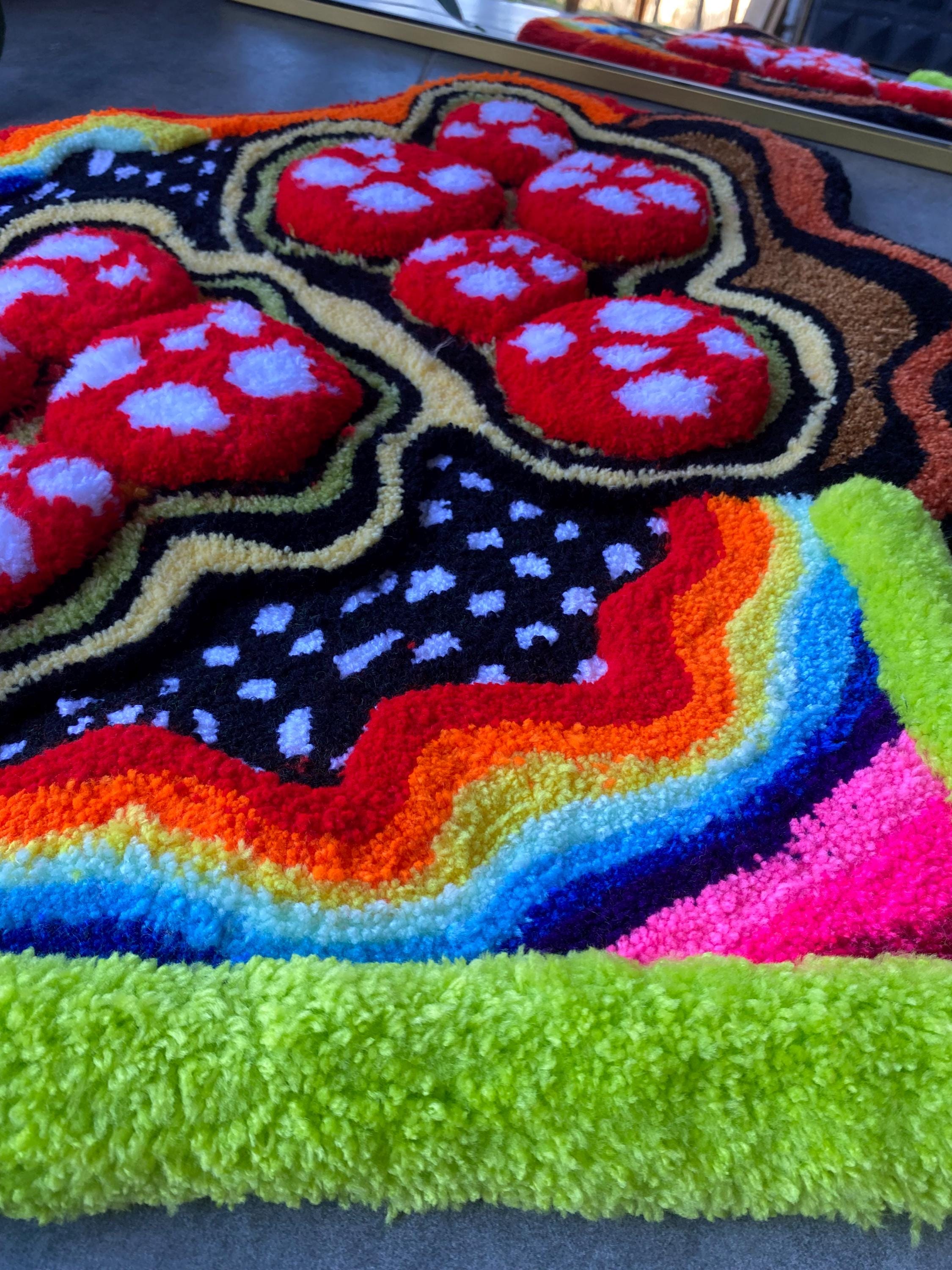 OrnnWorks 3D Mushroom & Rainbow Garden Fluffy Handmade Tufted Rug 35x29in