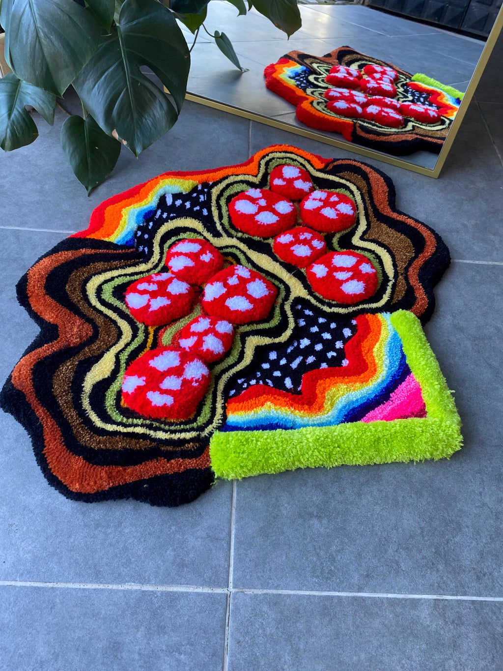 OrnnWorks 3D Mushroom & Rainbow Garden Fluffy Handmade Tufted Rug 35x29in