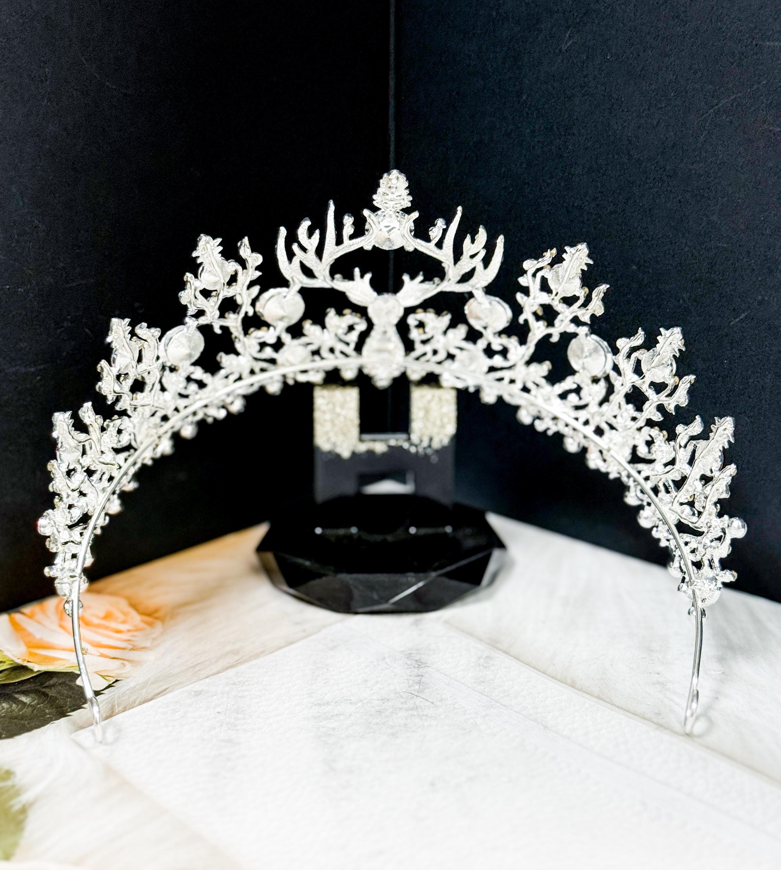HappyJewelryWorld Christmas Reindeer Crystal Tiara Jeweled Holiday Crown