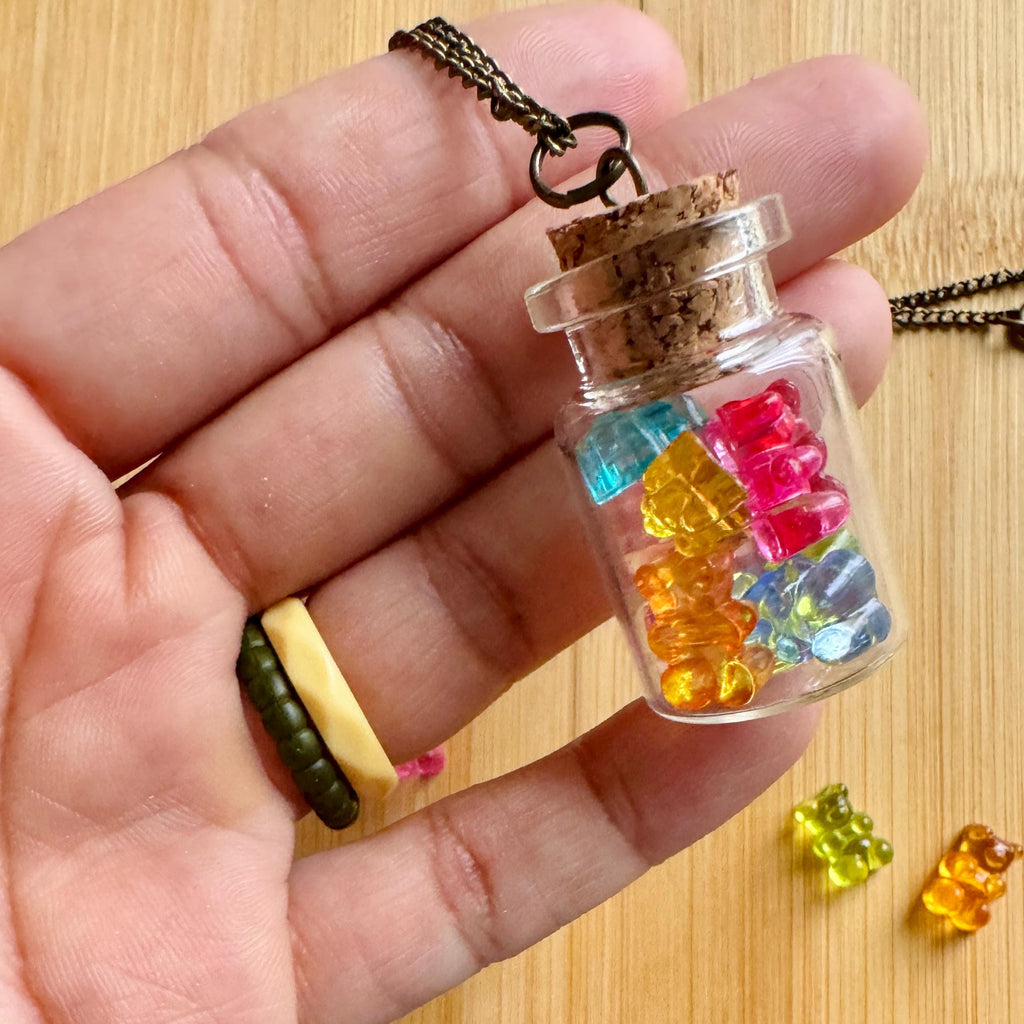 VanillaStarCafe Gummy Bears in a Jar Glass Bottle Charm Pendant