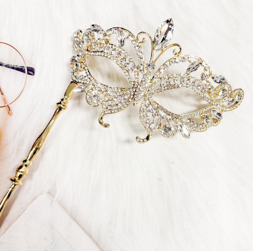 HappyJewelryWorld Crystal Masquerade Mask with Gold Stick Rhinestone